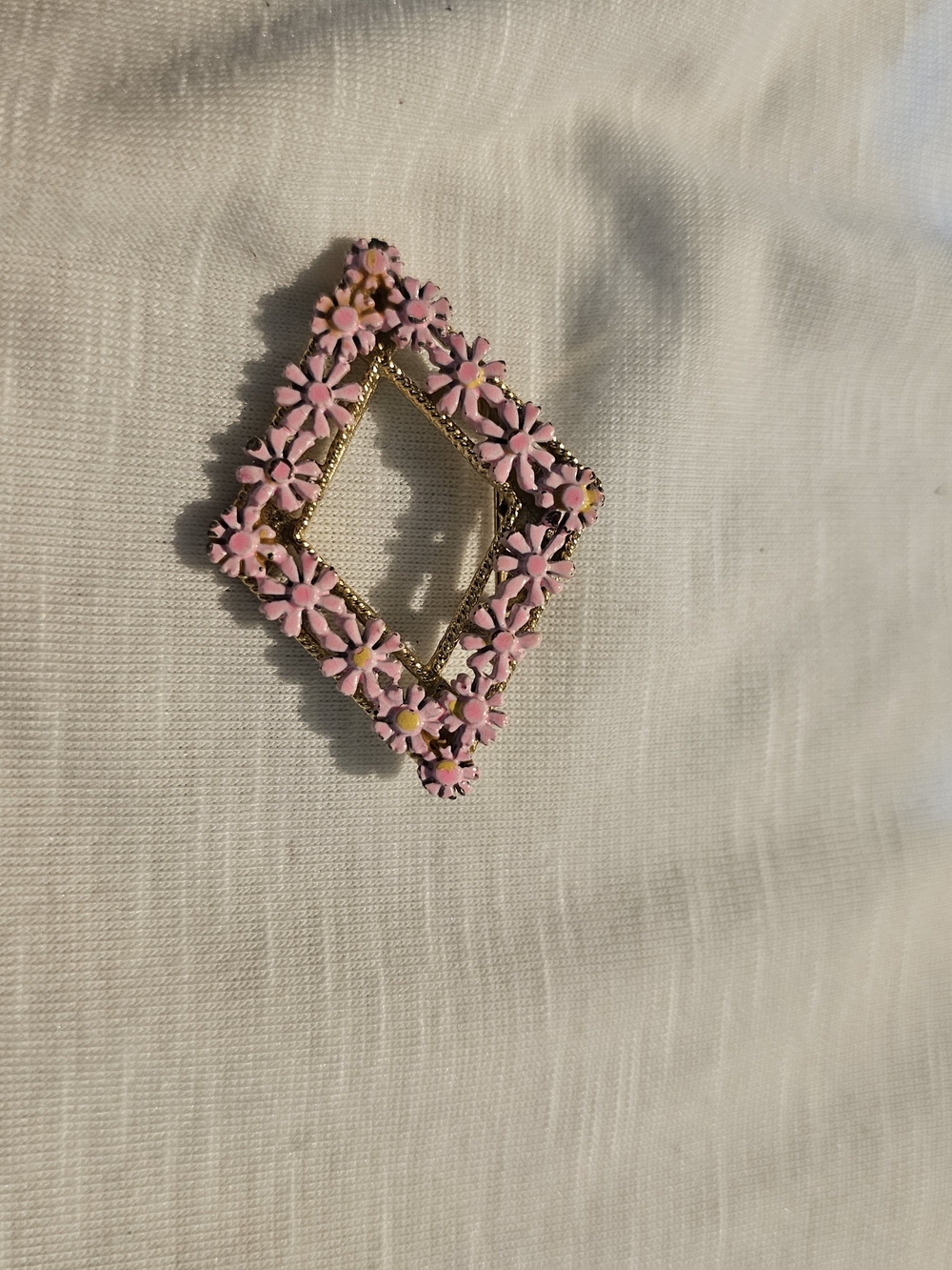 Gold-Tone Pink Floral Diamond-Shaped Brooch - Women Jewelry